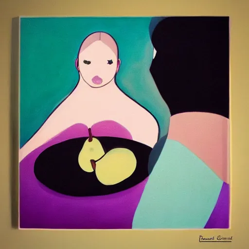 Image similar to abstract figurative art, style, lovers eat, rebecca sugar, pears, dreamy, muted, pastel colors