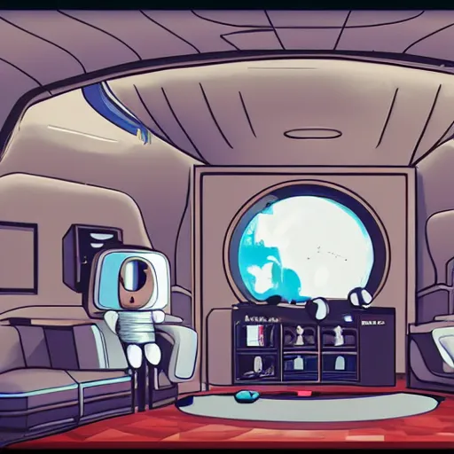 Prompt: a retro living room in an orbital space station with a sad astronaut looking out the window toward earth