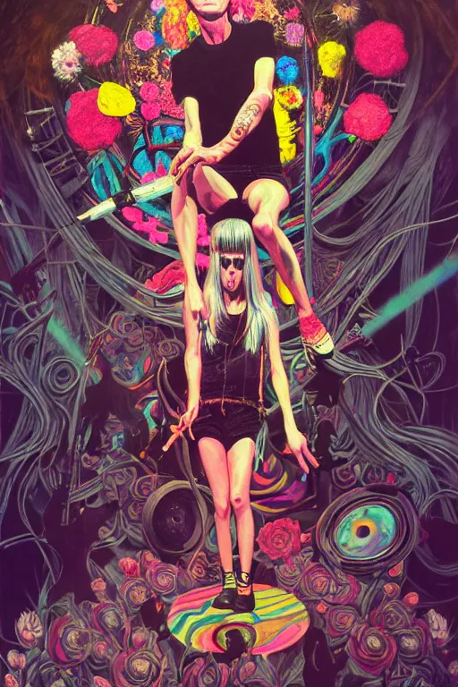 Image similar to the velvet underground and nico playing live on stage at a night club, unusual perspective with nico in the center, beautiful stage decoration with flowers in the background, painting by james jean, very detailed and colorful and toned down and ornamental and moody and cool and relaxed and high on drugs, trending on artstation, behance contest winner