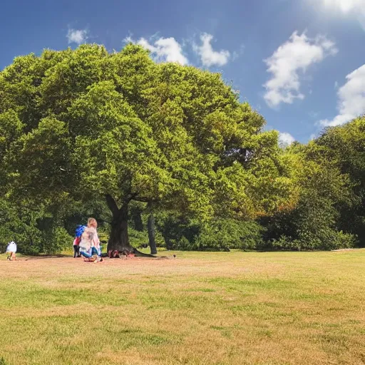 Prompt: minimalistic art of a family day out in the park, sunny day with clouds, award - winning masterpiece