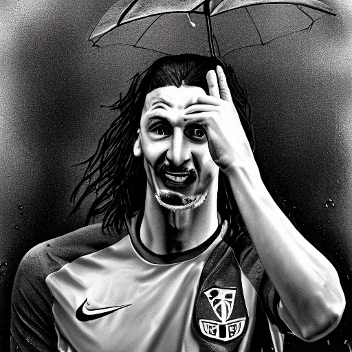 Prompt: Black and white photo, Zlatan Ibrahimovic holding a broken umbrella and crying in the rain, hyper realistic, good shading