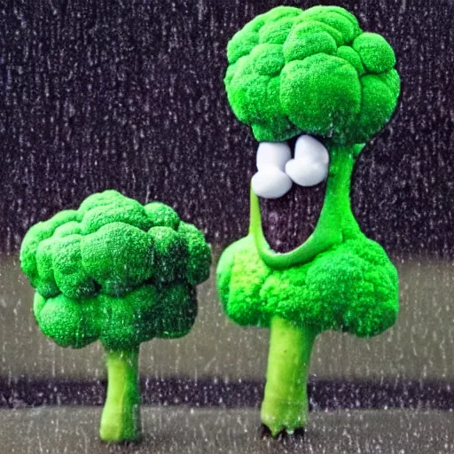 Image similar to claymation anthropomorphic broccoli complaining about the rain