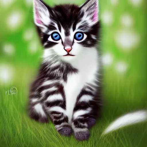 Prompt: beautiful digital realistic painting of a cute kitten sitting in the grass painted by Alexander Jansson, colorful,4k unreal engine, Trending on artstation