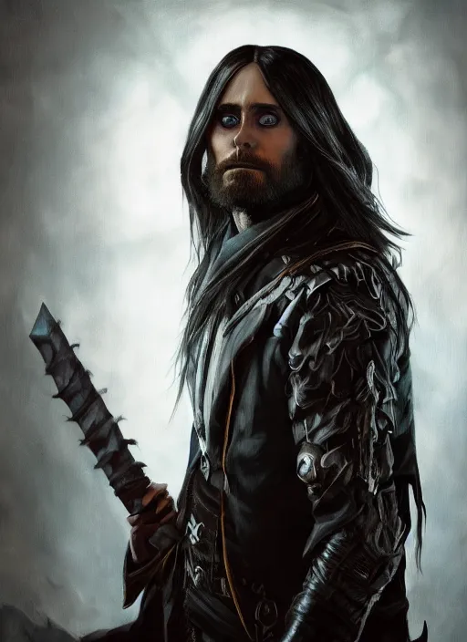 Image similar to A fantasy comic book style portrait painting of Jared Leto as a witchhunter in a atmospheric dark fortress, unreal 5, DAZ, hyperrealistic, octane render, RPG portrait, ambient light, dynamic lighting