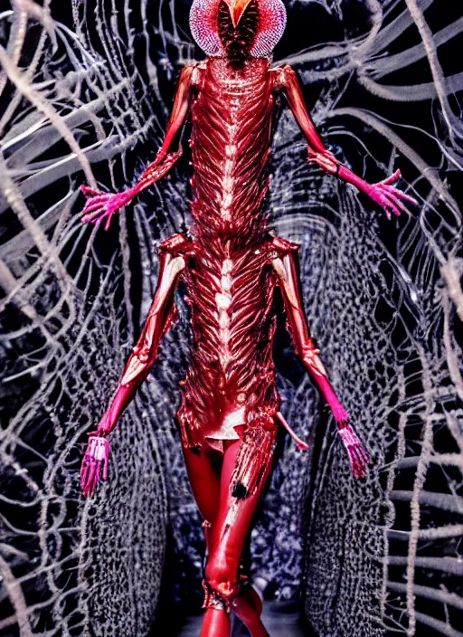 Image similar to walking down the catwalk, steven klein, show, stage, vogue photo, podium, fashion show photo, iris van herpen, beautiful woman, full body shot, helmet on face, masterpiece, plant predator, guyver, jellyfish, biomechanical details, movie still, fauvism, cinestill, bokeh, gelios lens