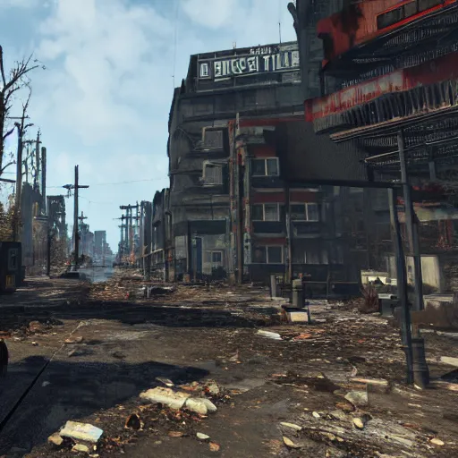 Image similar to Rotterdam in ruins post-nuclear war in Fallout 4, in game screenshot