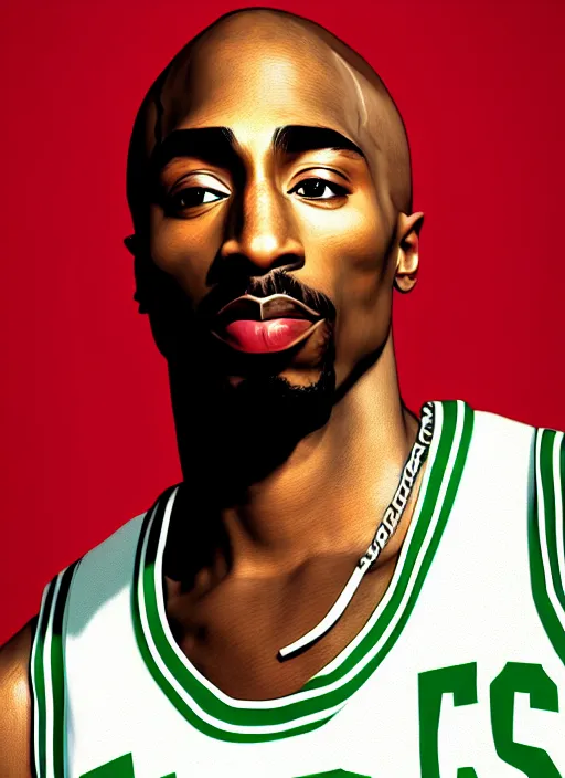 Image similar to portrait of tupac shakur, boston celtics jersey number 3 4, green, white, cartoon digital art, oil on canvas, trending on artstation, octane render