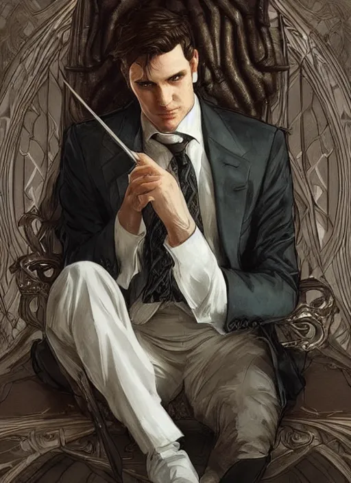 Prompt: wow! fanart throne of glass fantasy portrait of a clean - shaven chubby white man in a suit and tie, d & d, high fantasy, detailed, digital art, artstation, smooth, sharp focus, art by artgerm, greg rutkowski, alphonse mucha