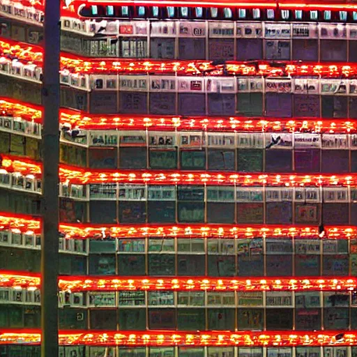 Prompt: a wall of many varied neon signs, over the busy streets of Hong Kong Central, 1988, by Andreas Gursky