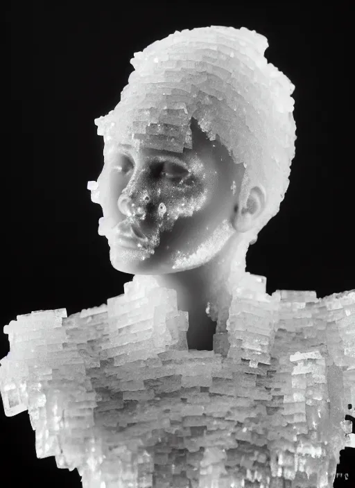 Image similar to a young female cyborg bust made of ice and smoke and wind, dramatic, ilford hp 5, closeup - view, f / 2. 8, high contrast, 1 6 k, fluorescent lamp, contre - jour, insanely detailed and intricate, hypermaximalist, elegant, ornate, hyper realistic, super detailed