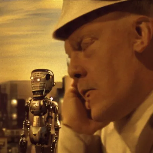 Image similar to movie scene of a man with a big robot head, movie still, acting, cinematic composition, cinematic lighting, Movie by David Lynch and Andrzej Żuławski