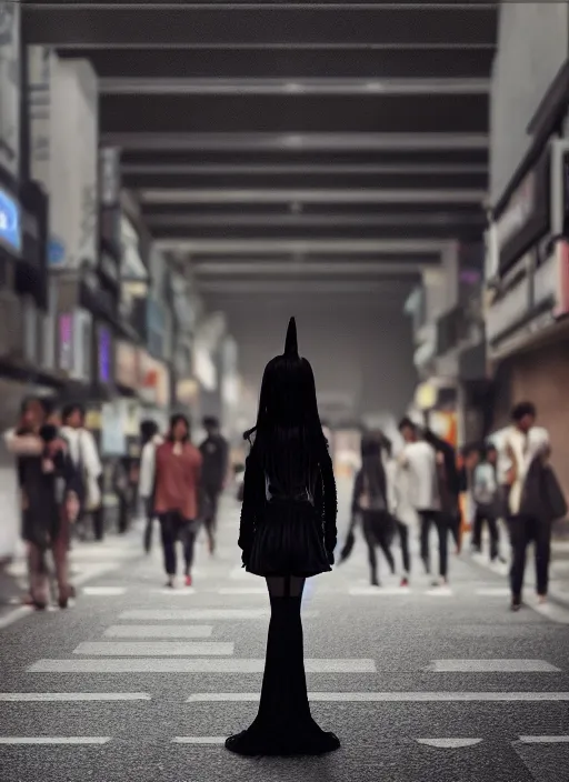 Prompt: demonic girl without head standing in the middle of the crowded tokyo street, photorealistic, canon r 3, symmetry, octane render, unreal engine, dramatic lights