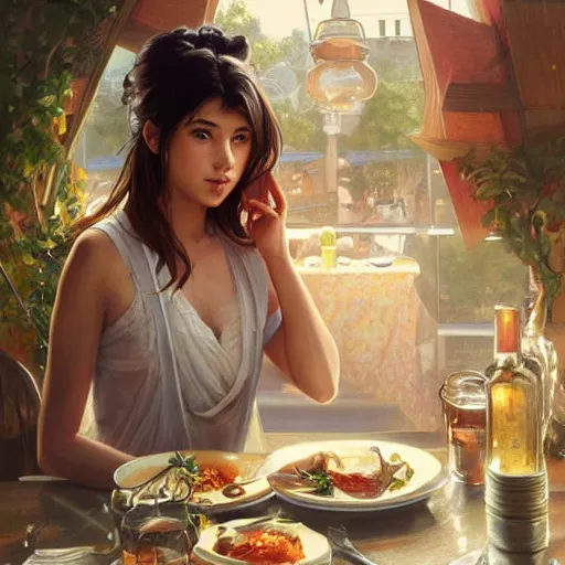 Image similar to a dinner date with the girl next door, slice of life, varying ethnicities, modern, realistic, looking at the camera, enjoying life!!! elegant, highly detailed, digital painting, artstation, concept art, matte, sharp focus, illustration, art by artgerm and greg rutkowski and alphonse mucha