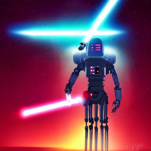 Image similar to robot character, red lightsaber, space, star wars, retrowave, vaporwave, black cloak, concept art, arstation, award winning art by