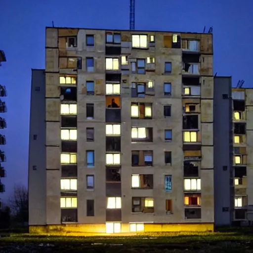 Image similar to An average post-soviet Polish residential block at night, only one window is lit, dark