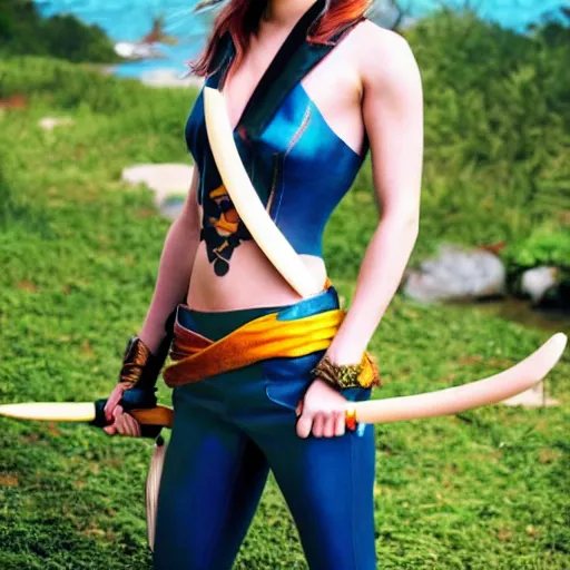 Image similar to a full body photo of emma watson as nami from one piece holding a trident in one hand, award winning photography, 50 mm, perfect faces.