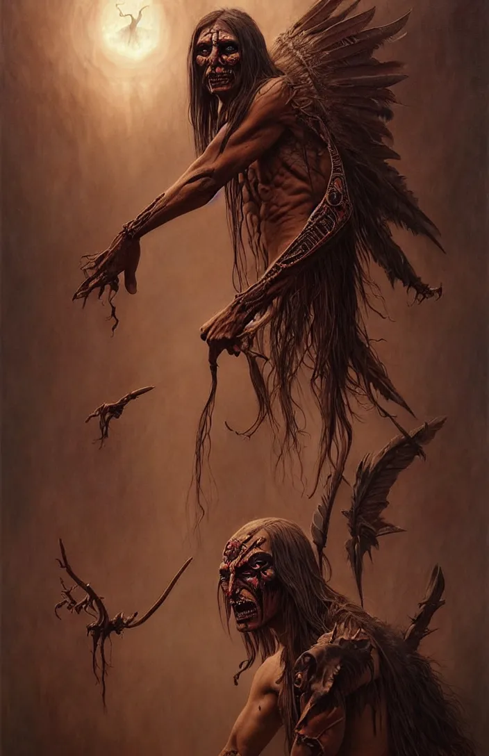 Image similar to evil native american skinwalker transformation, horror demon, heroic lighting, dark fantasy, intricate, elegant, highly detailed, lifelike, photorealistic, digital painting, artstation, illustration, concept art, smooth, sharp focus, art by John Collier and Albert Aublet and Krenz Cushart and Artem Demura and Alphonse Mucha