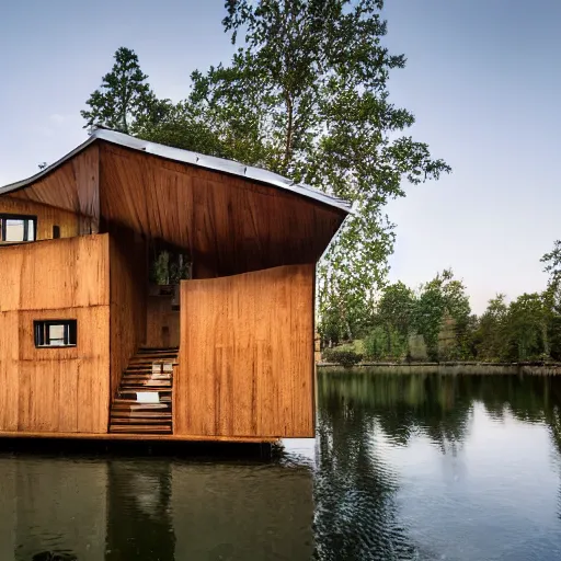 Image similar to a house made of a long hair. The house is made of 3 mammalian abdomens. The fur house sits in a lake on the edge of a forest. A family is living inside the fur house and it is furnished with contemporary furniture and art. ultra wide shot, Coronarender, 8k, photorealistic