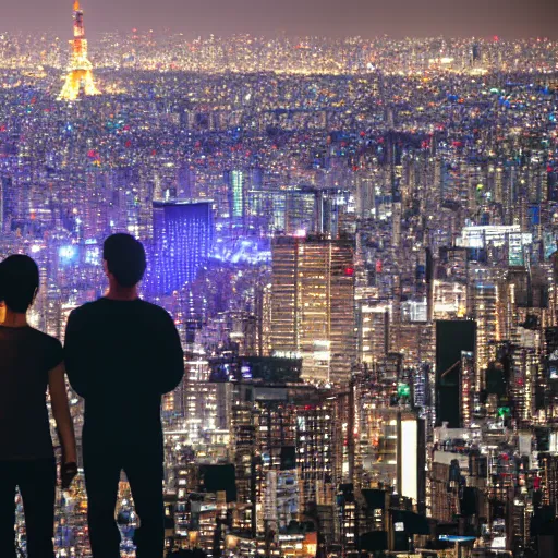 Image similar to two caucasian nerds looking out over the lights of Tokyo, from the perspective of the city, 8k,