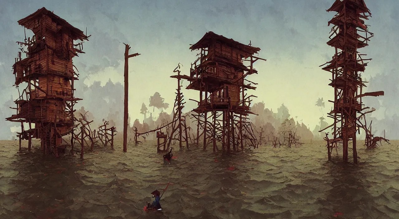 Image similar to single flooded simple wooden tower, very coherent and colorful high contrast!! ultradetailed photorealistic masterpiece by norman rockwell simon stalenhag carl spitzweg syd mead james gilleard, dark shadows, sunny day, hard lighting