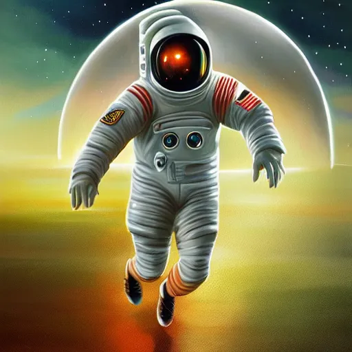 Image similar to a painting of an astronaut playing soccer in a cosmic scenic environment, soccer ball, beautiful, hyperdetailed, action shot, light framing subject, trending on Artstation