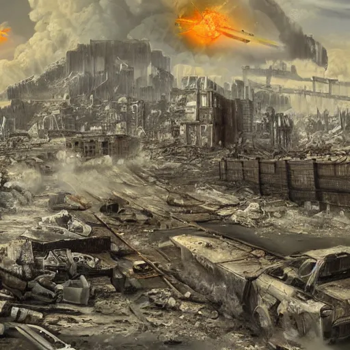 Prompt: destroyed city wasteland, radioactive radiation, nuclear winter, artgerm