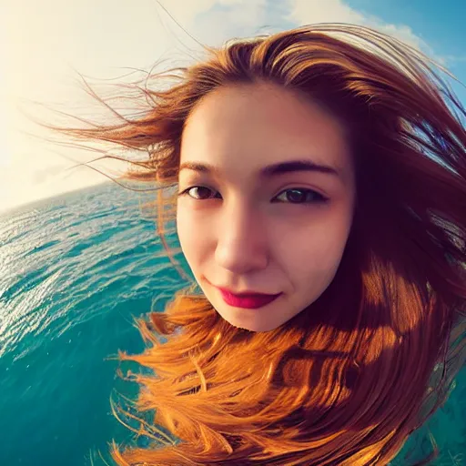 Image similar to selfie!!!!! of a woman with gorgeous hair flowing in the wind, in the middle of the ocean!!!!!, first - person view, fisheye!!!!! lens!!!!!, photorealistic image, trending on artstation, 4 k, 8 k