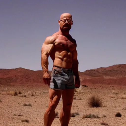 Prompt: muscular Walter white in the desert