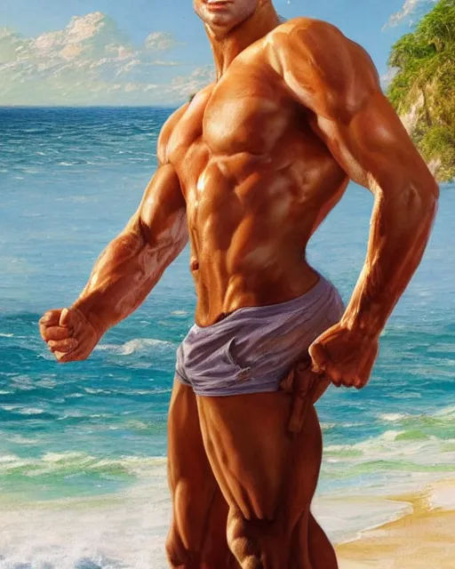 Prompt: emmanuel macron on the beach, herculean, bulging muscular figure, beautiful gigachad, soft lighting, highly detailed face, sharp focus, artstation, sophie anderson, arnold armitage, loish, thomas kinkade