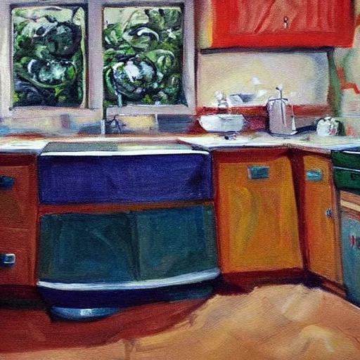 Prompt: realistic painting still of kitchen sink full of dirty dishes, angry man, high detail