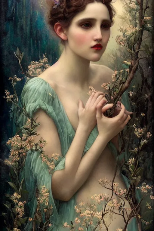 Image similar to An extremely beautiful young woman explaining the birds and the bees by Tom Bagshaw in the style of a modern Gaston Bussière, art nouveau, art deco, surrealism. Extremely lush detail. Melancholic scene. Perfect composition and lighting. Profoundly surreal. High-contrast lush surrealistic photorealism. Sultry and mischievous expression on her face.