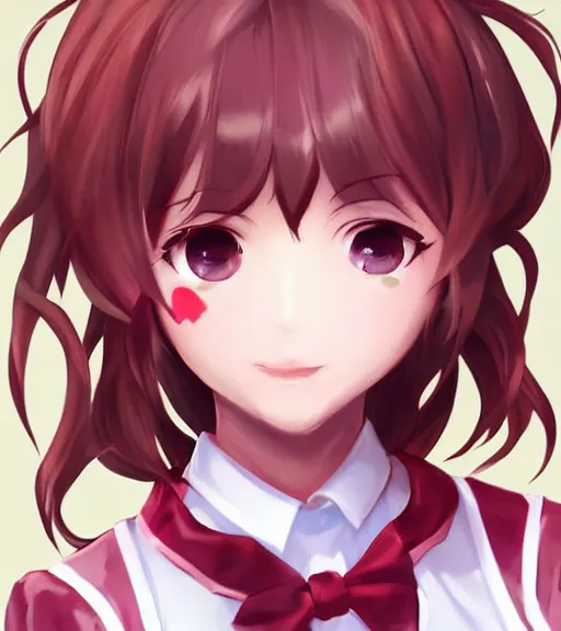 Image similar to portrait of Sayori from Doki Doki Literature Club, detailed facial features, optimistic colors, bright eyes, clear eyes, warm smile, delicate, red bow, school girl, by artgerm