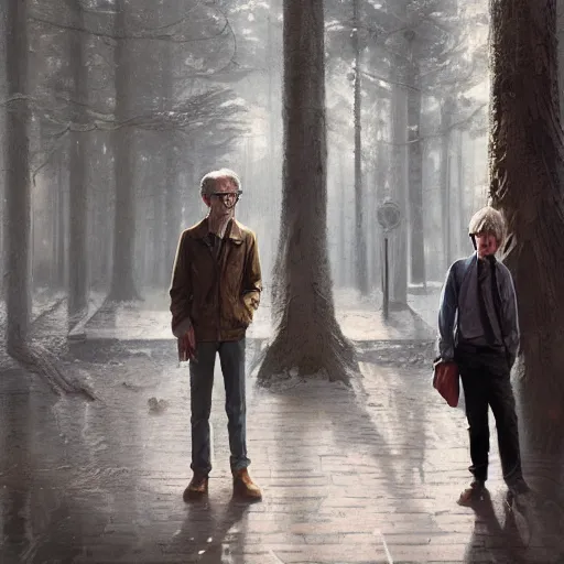 Image similar to woody allen dating a younger version of himself eerie, high detail, depth, photorealistic masterpiece by greg rutkowski, digital art, trending on artstation