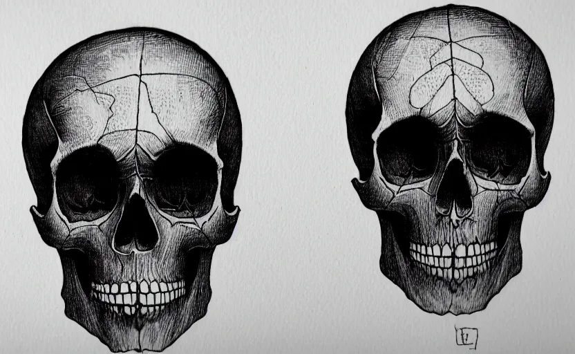 Image similar to a Skull surrounder by darkness, ink on paper, crosshatch shading