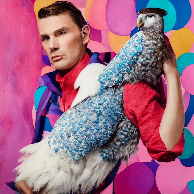 Image similar to high fashion photoshoot octane render portrait by wayne barlow and carlo crivelli and glenn fabry, an actor wearing a colorful wes anderson designed uniform and holding a snow owl inside a high - end exotic colorful pastel vintage boutique hotel lounge, very short depth of field, bokeh