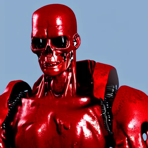 Image similar to The Terminator in a red dress, 4k, ultra realistic, highly detailed