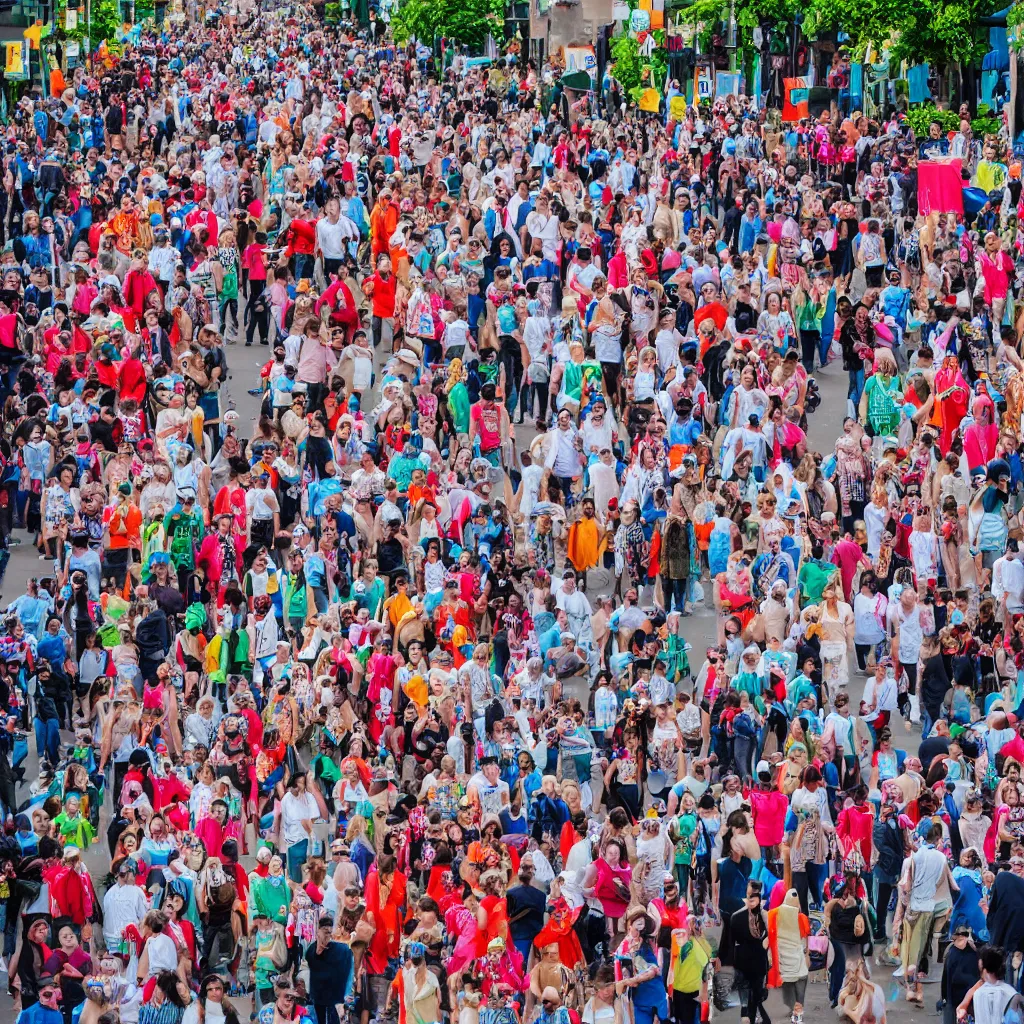 Image similar to a large street parade, everyone is wearing unique paper masks, professional photography