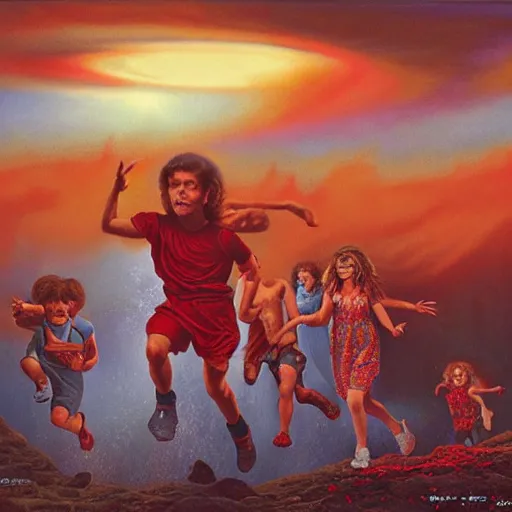 Image similar to a running child surrounded covered, lightning, vapor, mist, smoke, blood drops, fire, a highly detailed matte painting by John Philip Falter and Jason Edmiston