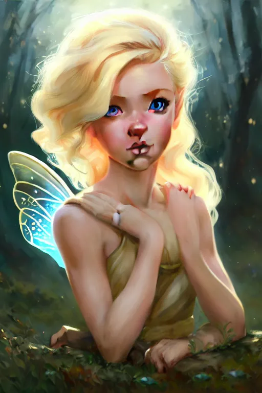 Image similar to cinematic shot of an epic portrait of a cute blonde fairy dressed in military clothes, stylised military clothes, shiny skin, beautiful eyes, beautiful, small details, night setting, realistic poster with volumetric light from craig mallism, artgerm, jeremy lipkin and michael garmash, unreal engine, radiant light, digital art, trends at art station, a masterpiece