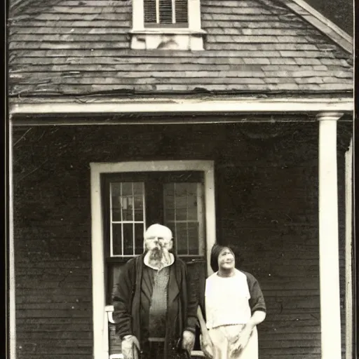 Image similar to a vintage photo of an old man and woman in front of an old house