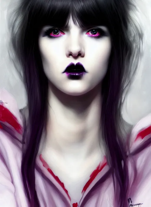 Image similar to portrait of white teenage girl, normal face, black bangs, mall goth, cyberlox, black and white hair, bangs, fluffy bangs, red contacts, purple lipstick, intricate, elegant, highly detailed, digital painting, artstation, concept art, sharp focus, smooth, illustration, art by wlop, mars ravelo and greg rutkowski