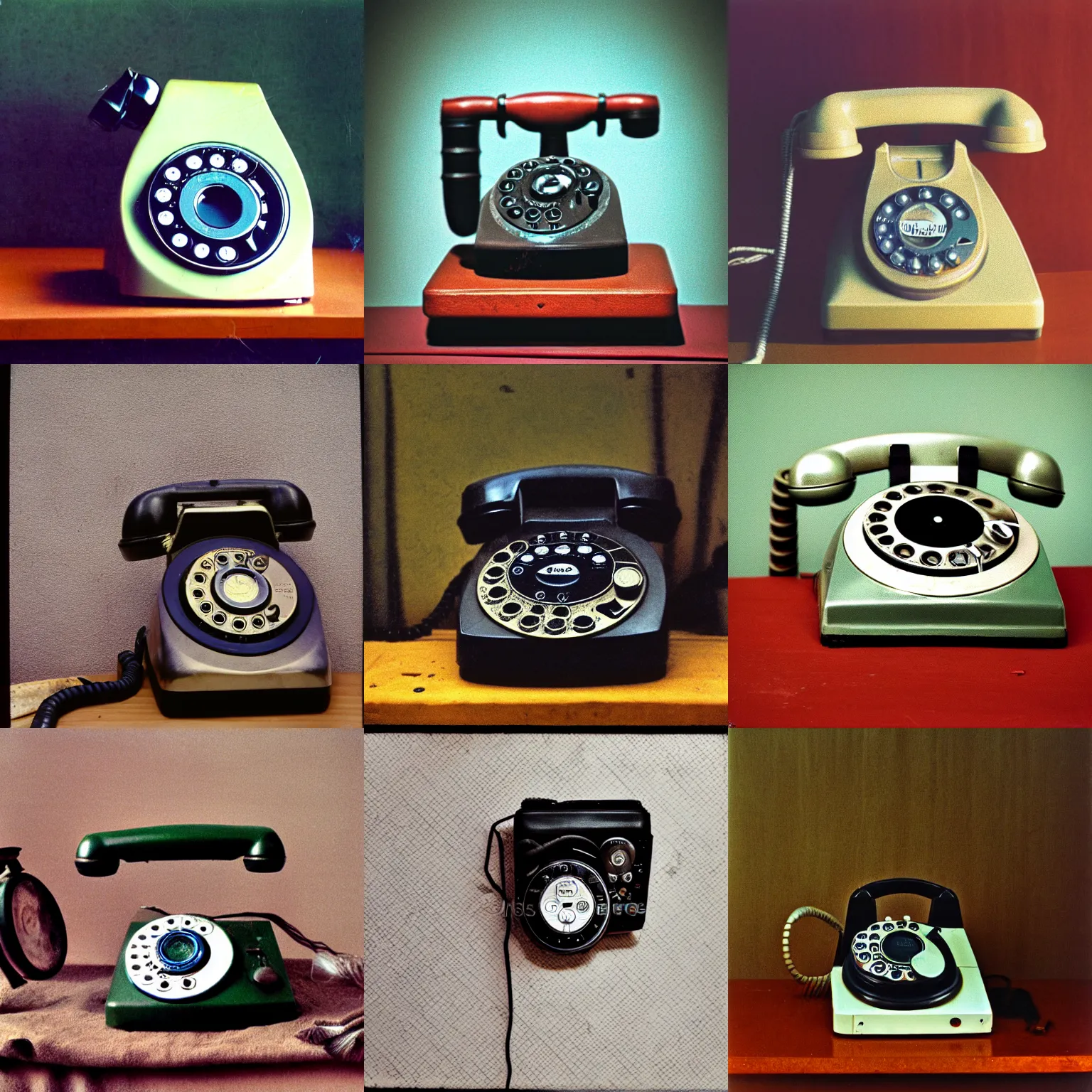 Prompt: Still life of a rotary phone on a background of noise, scratches, wire, fabric, textures, dust, damage, Kodak Ektachrome E100SW