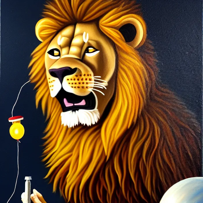 Image similar to a painting of an anthropomorphic male lion scientist researching balloon physics, oil on canvas, furry, soft lighting, sharp focus