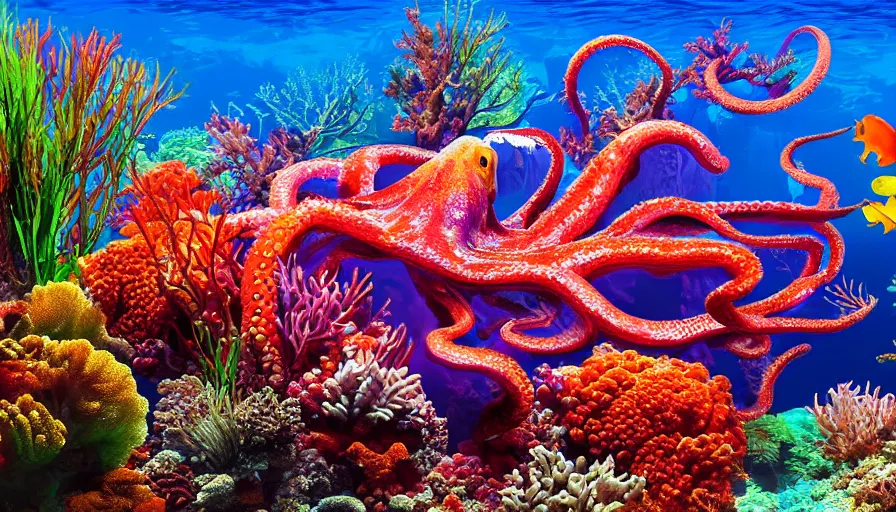 Image similar to a beautiful, noble, giant octopus of exquisite color : 1, underwater scenery, beautiful colorful corals, african cichlids and other species of small tropical sea - life, god - rays, volumetric lighting, 8 k, digital art