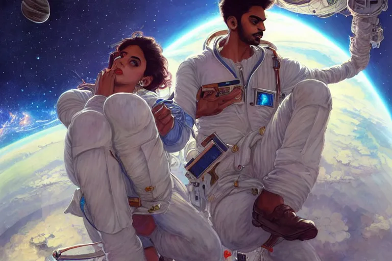 Image similar to Euphoric good looking pale young Indian doctors wearing jeans in a space station above Earth, portrait, elegant, intricate, digital painting, artstation, concept art, smooth, sharp focus, illustration, art by artgerm and greg rutkowski and alphonse mucha