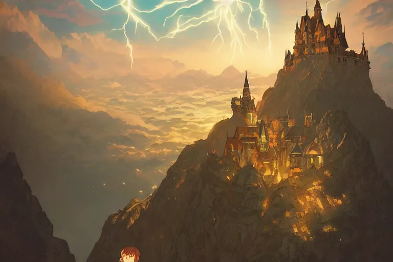 Prompt: retro - futurism anime castle on a mountain in clouds with lots of details look from above rule of thirds golden ratio, fake detail, trending pixiv fanbox, acrylic palette knife, art by artgerm and greg rutkowski and alphonse mucha, smooth, sharp focus, cinematic lightning