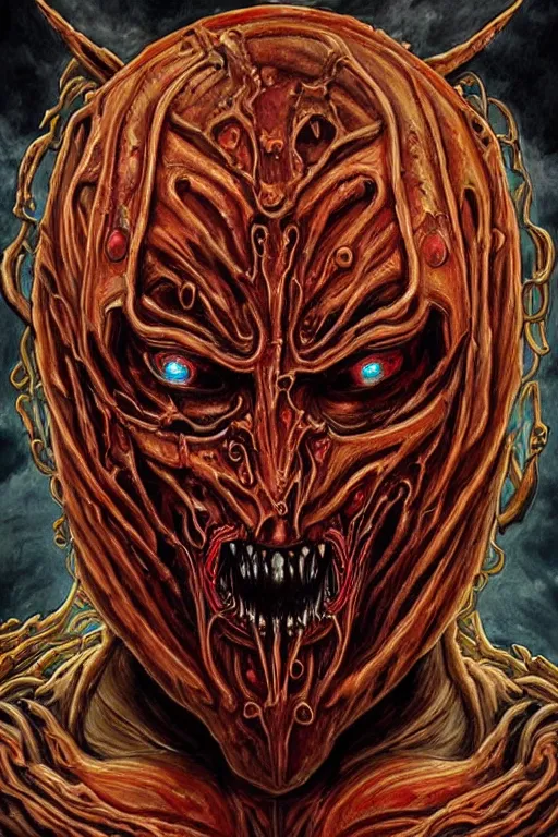 Prompt: Elden Ring and Doom themed painting of majestic crimson biomechanical necro revenant human hybrid beautiful undead angel symmetrical angry mask closeup face angry mask closeup tattoo pattern golden ratio concept, Neo-Gothic concept, infinity glyph waves, intricate artwork masterpiece, very coherent artwork, cinematic, full frontal facial features by Artgerm, art by H.R. Giger, Takato Yamamoto, Zdizslaw Beksinski, Johnatan Wayshak, Moebius, Ayami Kojima, very anatomically coherent artwork, trending on cgsociety, ultra high quality model, production quality cinema model, high detail chromatic ink outline, octane render, unreal engine 8k, hyper realism, high detail, octane render, unreal engine, 8k, High contrast