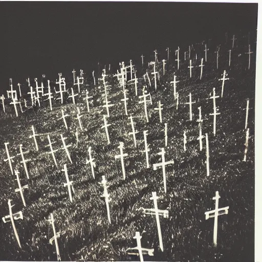 Image similar to 1 9 8 0 s flash photograph of a hill covered with crucifixes and crosses, film grain, polaroid, 3 5 mm