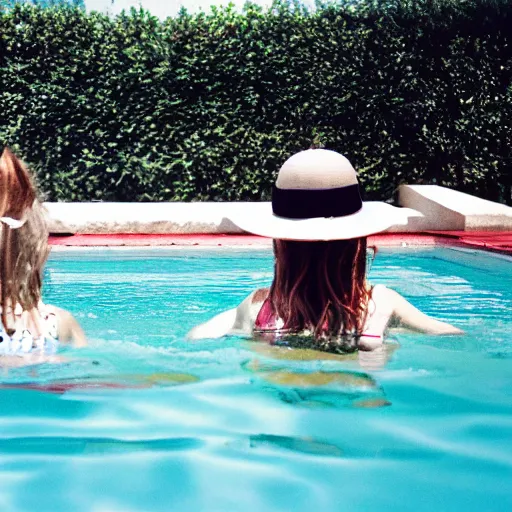 Image similar to two girls in the pool, film camera style, la piscine film aesthetics