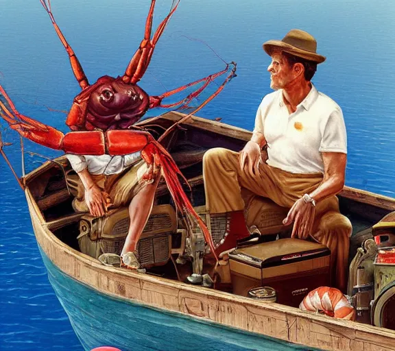 Image similar to Tom hanks as forrest gump sitting in a giant shrimp boat, majestic beautiful world, digital art, amazing detail, artstation, in the style of norman rockwell